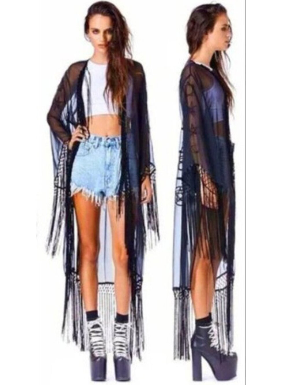 "🦋💋HOT ITEM! 💋🦋VTG 2013 UNIF Black "Wiccan" Embroidered Fringed Maxi Kimono - Picture 2 of 16